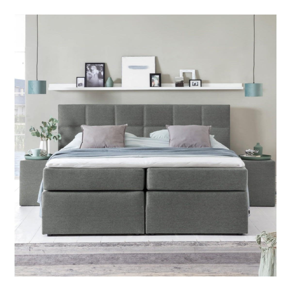 3F Boxspringbett Bea Haertegrad H2/H3 7-Zonen Taschenfederkern Matratze + Visco Topper Grau hellgrau 220x200 cm