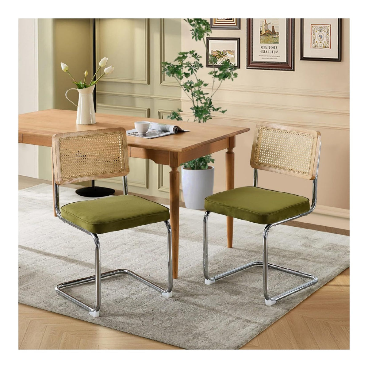 SoarFlash Mid-Century Moderne Esstuehle Gruen Handgewebte Rattanlehne Cantilever-Struktur aus Verchromtem Stahl