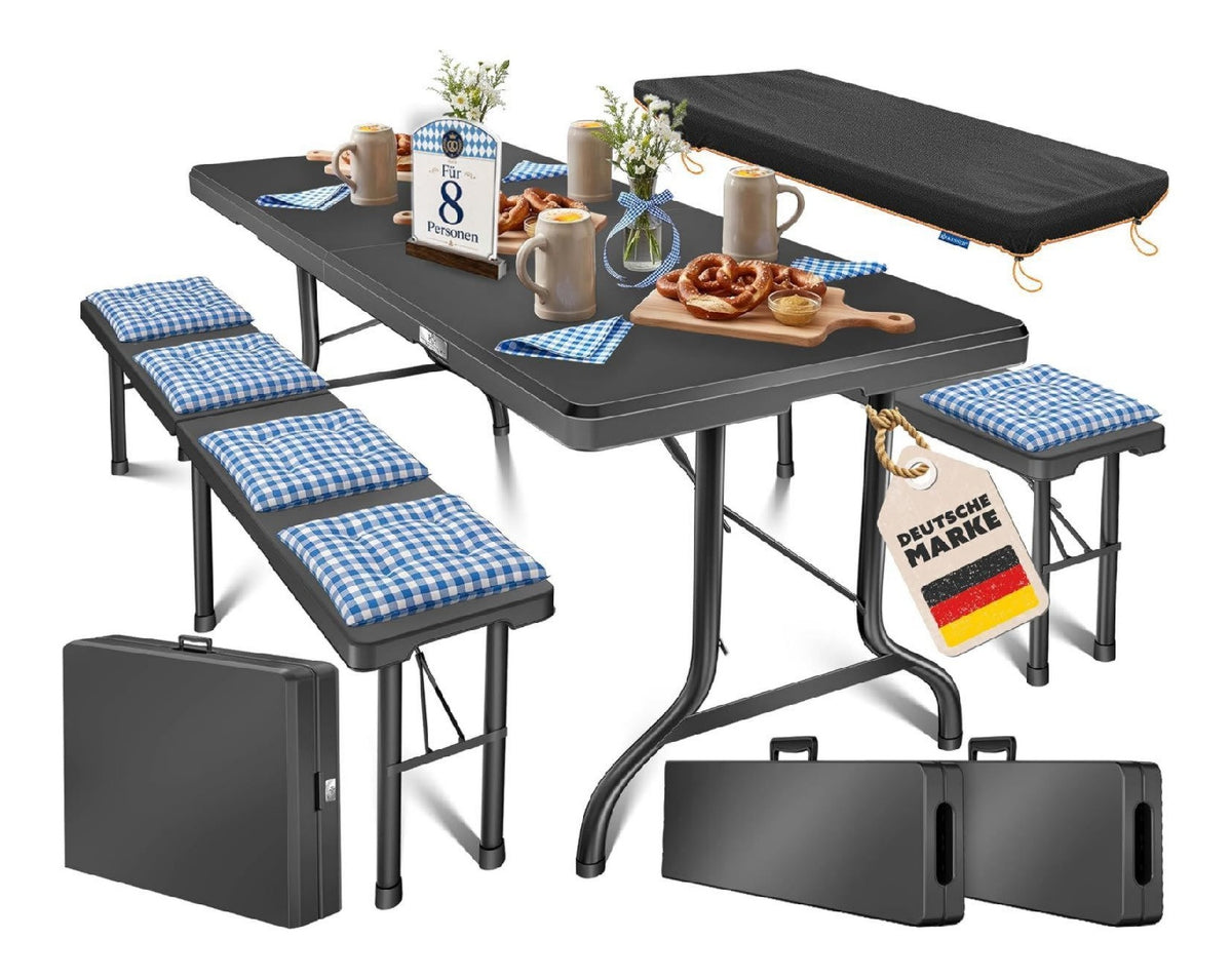 Bierzeltgarnitur 3er Set anthrazit 183x76x74cm Klapptisch + 2X Sitzbank Gartenmoebel Set fuer 8 Personen Bierbankgarnitur fuer Garten