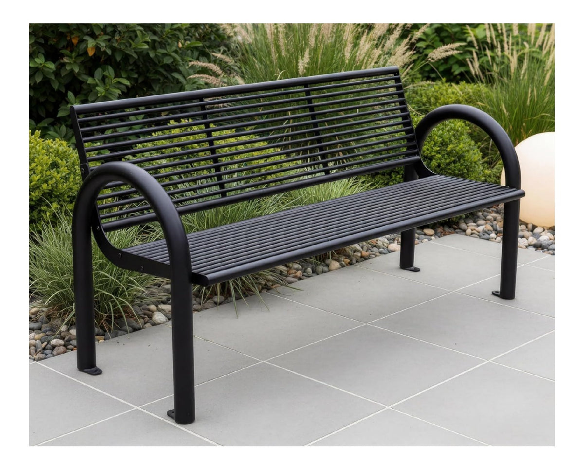 MATERIUM Gartenbank Metall - extra stabile Bank aus Metall mit 150 cm Sitzbreite Schwarz matt wetterfest widerstandsfaehig - hochwertige Sitzbank aus