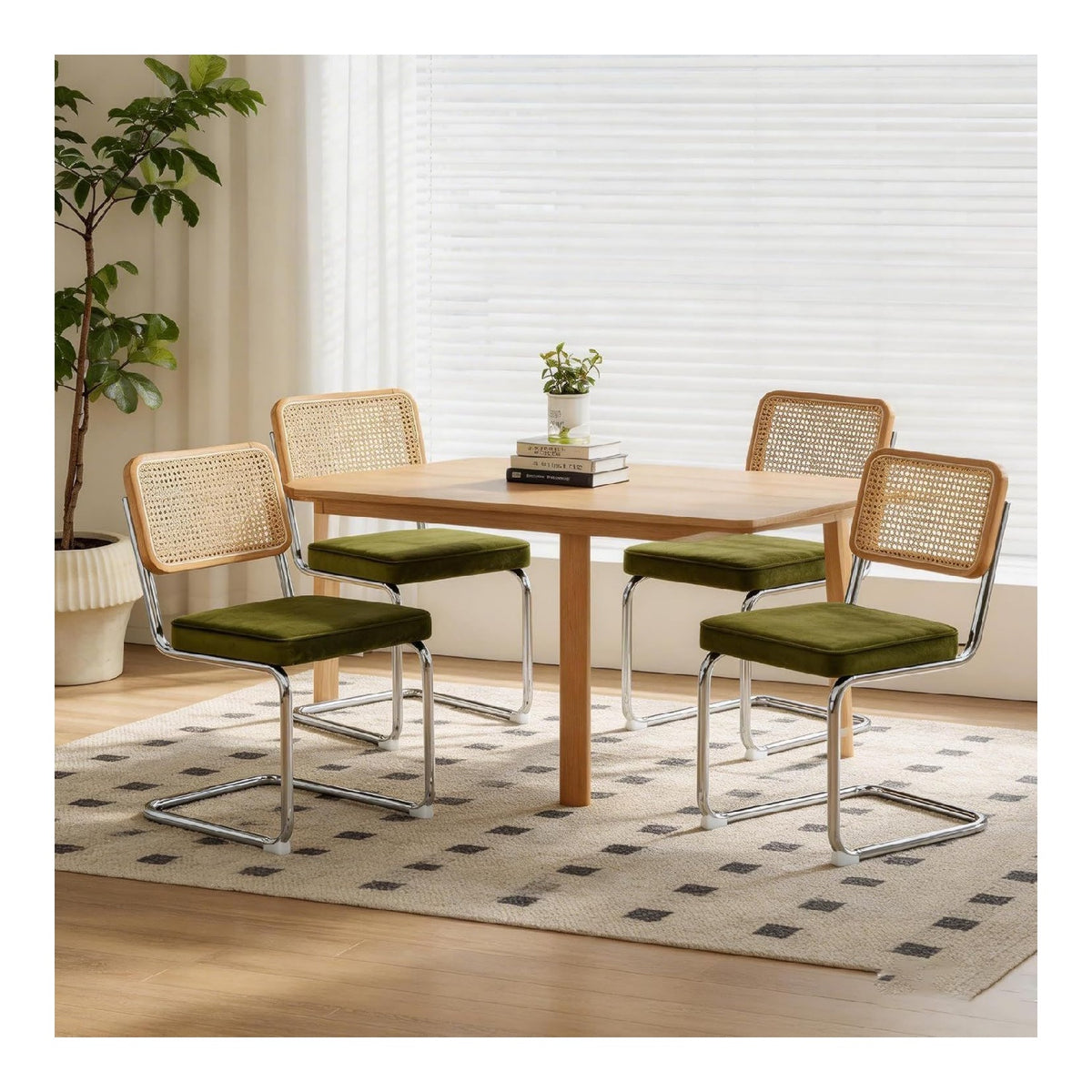 Bladez 4er Set Freischwinger Esszimmerstuehle Samt Wiener Kuechenstuehle Gruen rattan Polsterstuhl mit Chromgestell Mid-Century Cantilever Stuehle