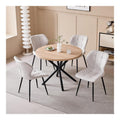 Esstisch-Set mit Stuehlen Beige 100 cm Runder Esstisch in Heller Holzmaserung + 4 Beigefarbene Leinenstuehle mit Metallbeinen