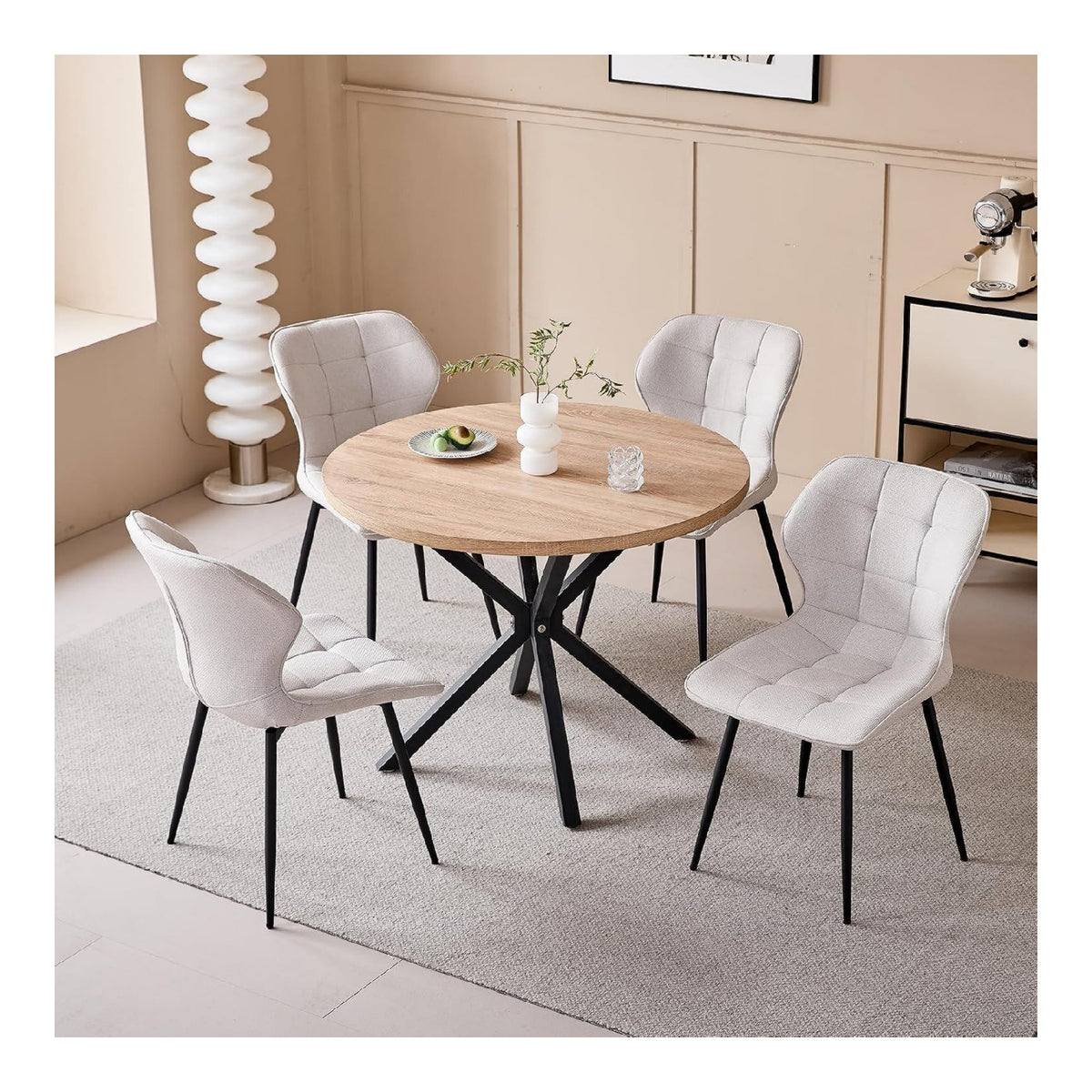 Esstisch-Set mit Stuehlen Beige 100 cm Runder Esstisch in Heller Holzmaserung + 4 Beigefarbene Leinenstuehle mit Metallbeinen