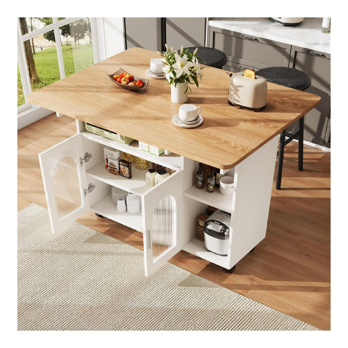 ModernLuxe Mobile Kuecheninsel mit klappbarer Tischplatte Weiss Buffetschrank Kuechenwagen mit Rollen Multifunktionaler Speisewagen