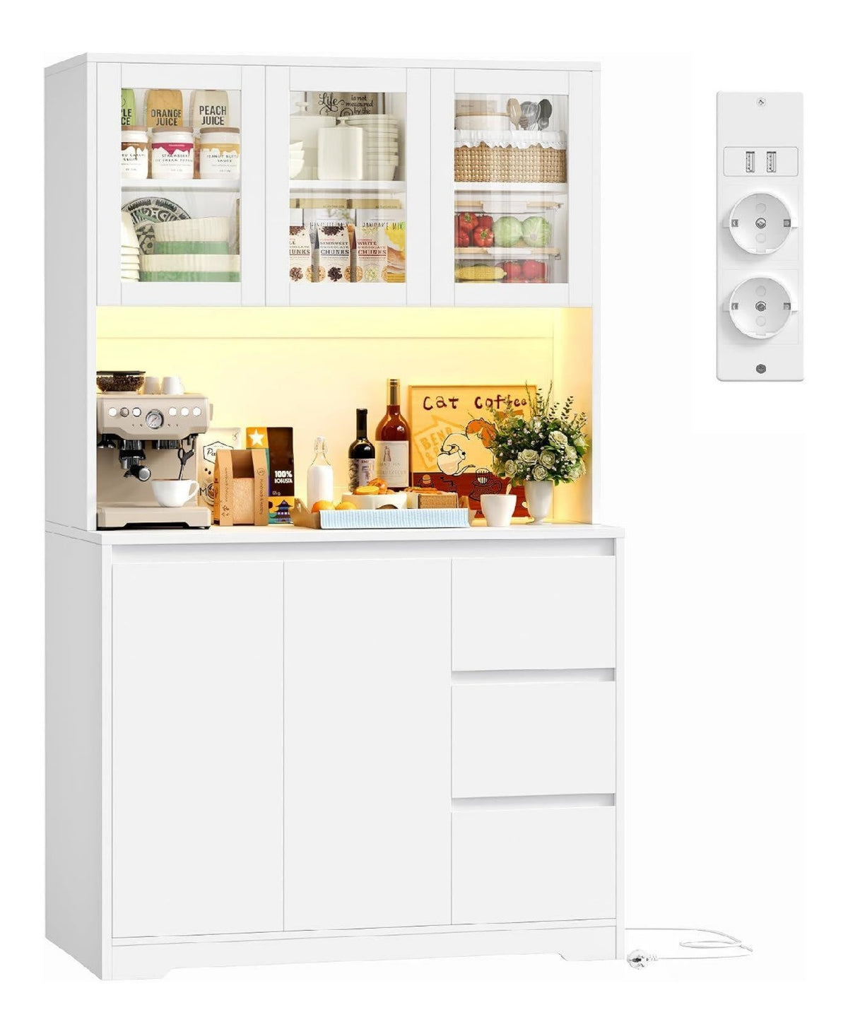 Kuechenschrank mit LED Steckdosenleiste Weiss 180x100x38,5 cm Buffetschrank Kuechenschrank mit Arbeitsplatte Buffetschrank mit verstellbaren regal