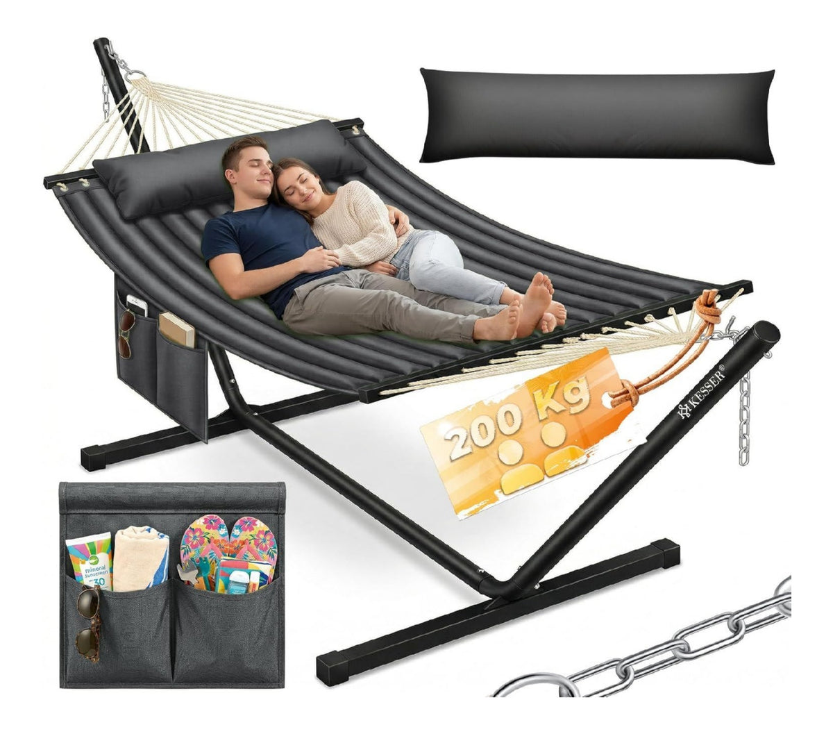 Haengematte Hill mit Gestell Kissen Doppelhaengematte fuer 2 Personen-Stabiler Rahmen 200kg Belastbarkeit Indoor Outdoor XXL Haengesessel Doppel