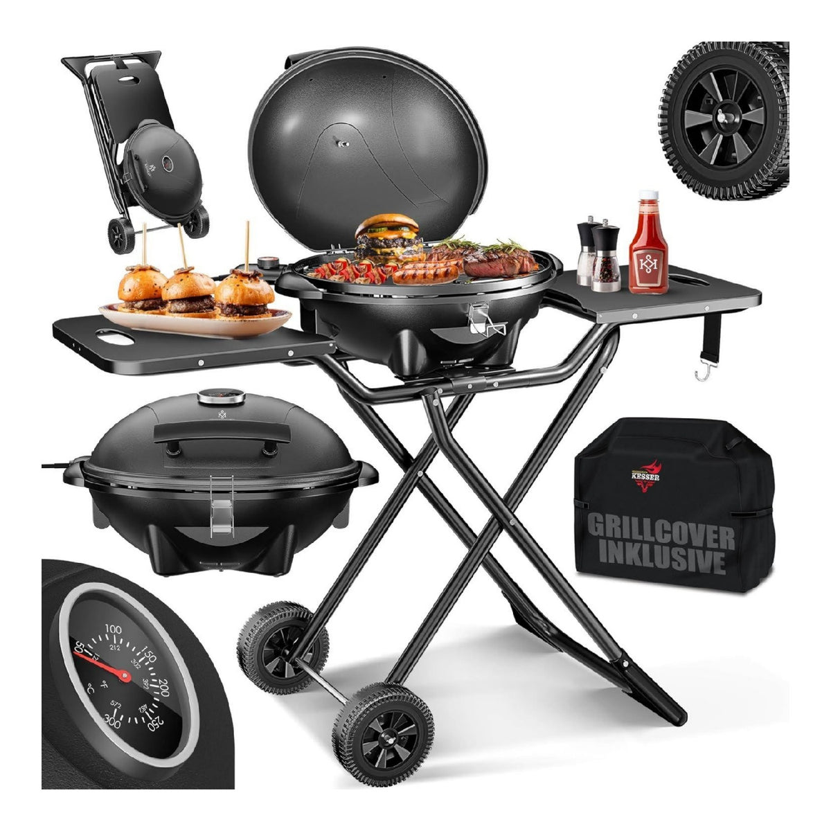Elektrischer Elektrogrill 2in1 Tischgrill Standgrill mit Deckel Standfuss 2400 Watt Thermostat