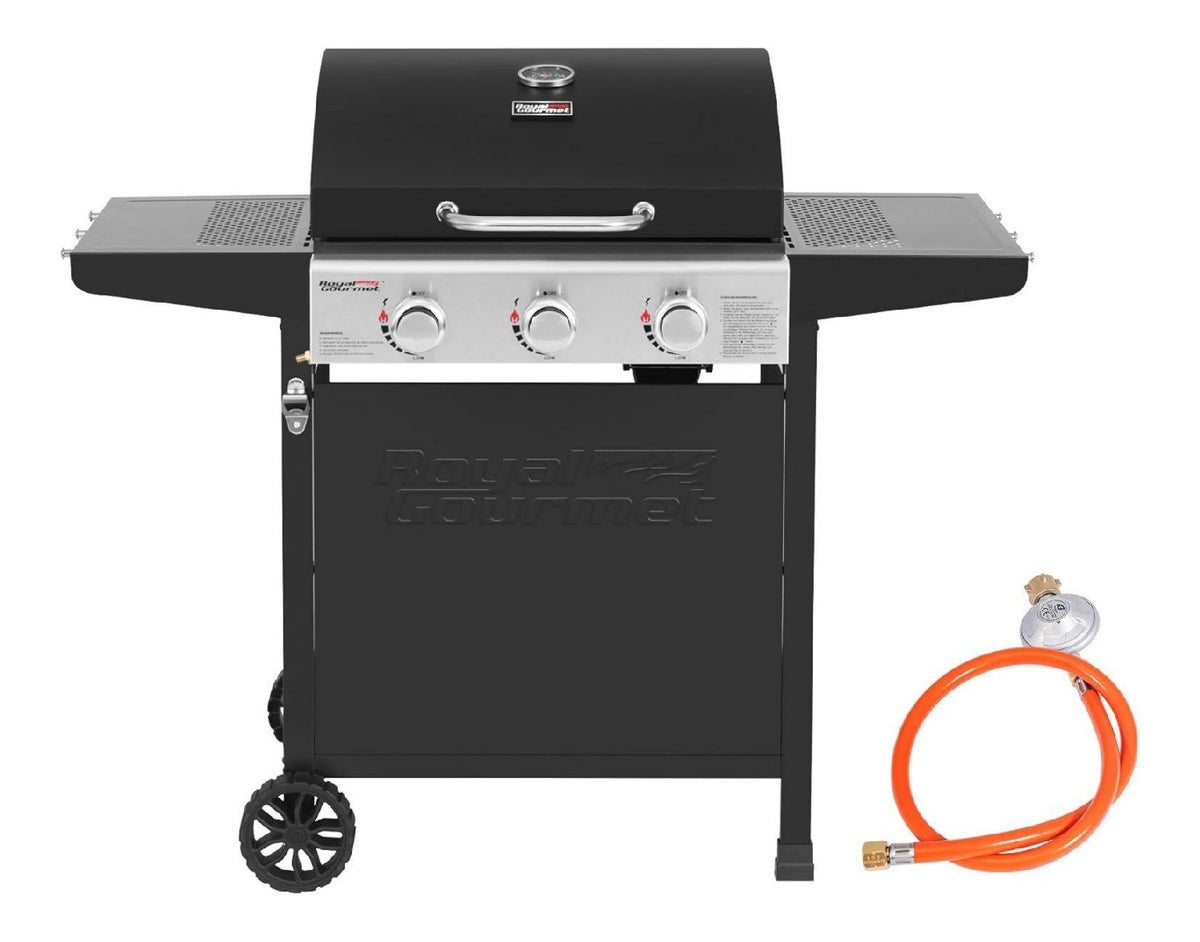 Royal Gourmet Gasgrill Grillwagen 3 Brenner 9 kW Camping Gaskocher mit Kochplatte Schwarz 60 x 42 cm Gartengrill mit Flaschenoeffner Druckminderer