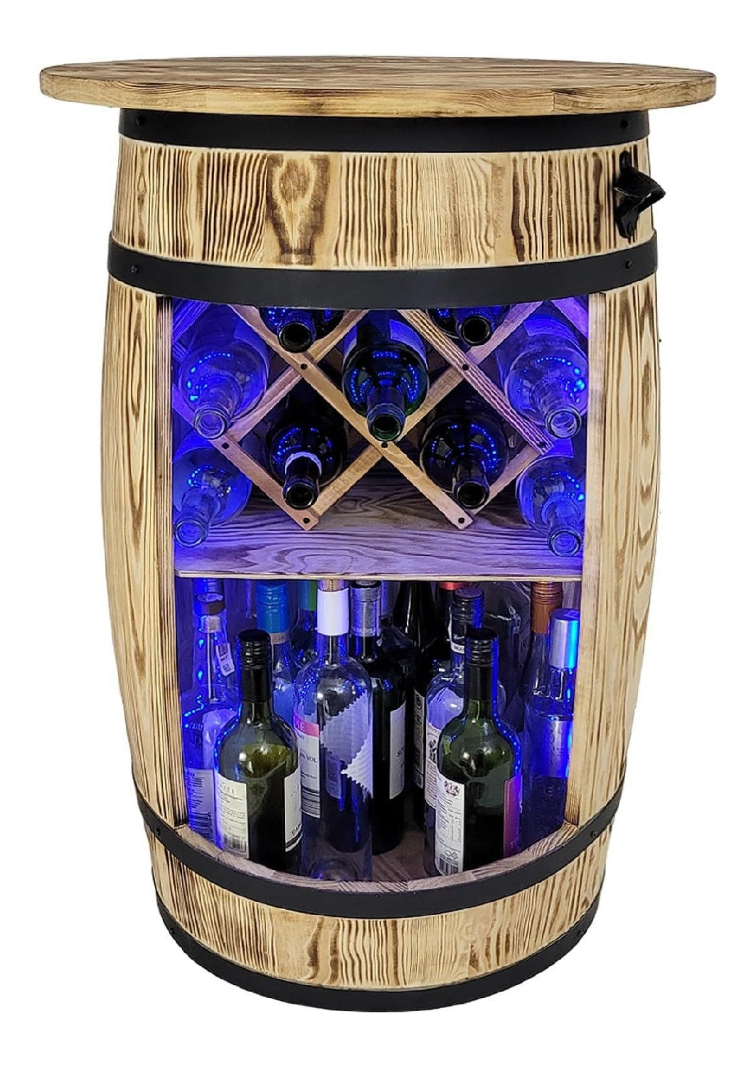 Fass Bar mit Deckel und LED RGB Leuchten und Weinhalter - Flaschenstaender deko - Hausbar Tabelle Gin Whisky Bier - Barschrank - Holzfass Tisch
