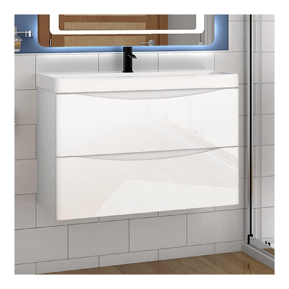 Badmoebel Set 80 cm Sofia Waschbecken mit Unterschrank Waschtisch Weiss hochglanz