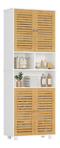 Badezimmerschrank hoch 60 x 30 x 170 cm Badezimmer Hochschrank mit 3 offenen Faechern und verstellbaren Ablagen Badschrank mit 4 Bambustueren
