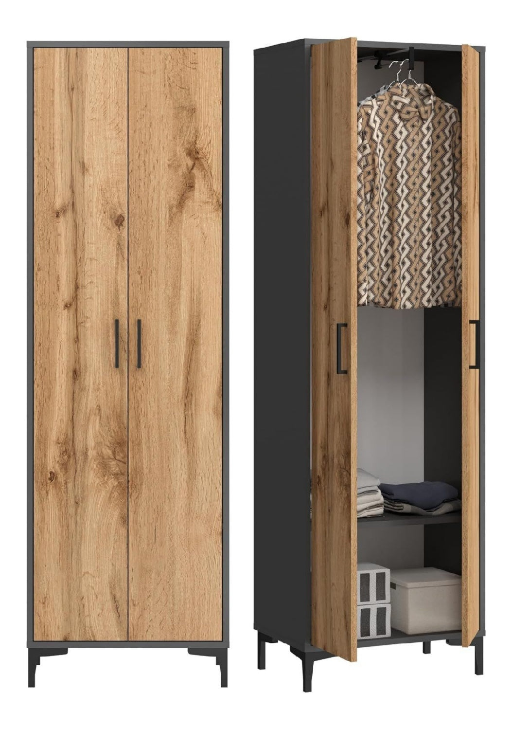 Kleiderschrank Garderobenschrank mit ausziehbarer Kleiderstange und einem Einlegeboden eiche 192x60x35cm Schrank fuer Flur Schlafzimmer Ankleide