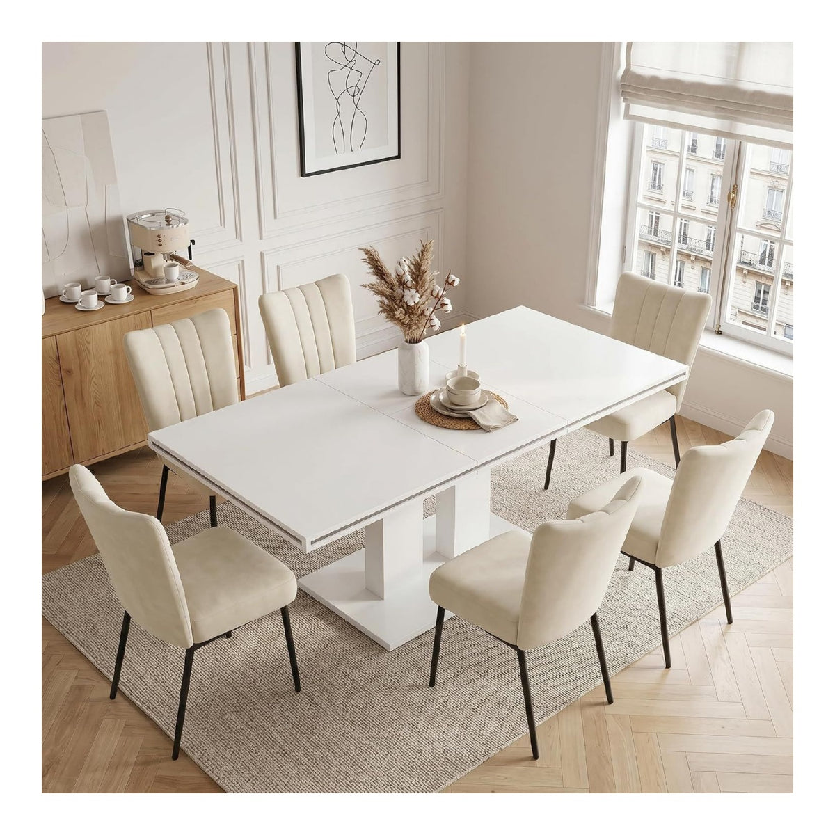 Esstisch mit 6 Stuehlen Set 180 x 80 x 76 cm 7-teilig Essgruppe mit Hochlehner Stuhl und Tisch Ausziehbar Rechteckig Esstisch mit 6 Esszimmerstuehle