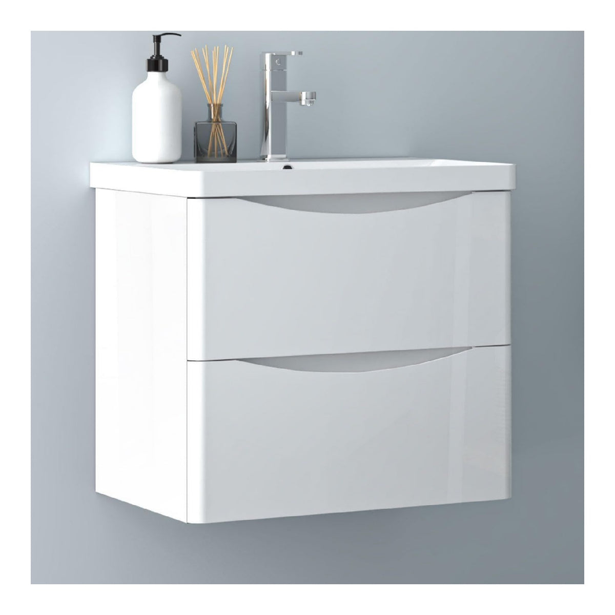 Badezimmerschrank 60cm Mineralgusswaschbecken mit Unterschrank Badmoebel-Set 2 Soft-Close Schubladen Haengend Weiss hochglanz