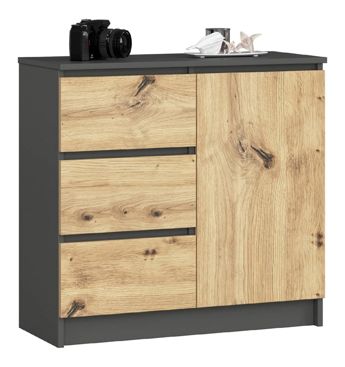 Kommode K-80 Jerry mit 3 Schubladen Schrank mit 2 Einlegeboeden und 1 Tuer Fuer das Wohnzimmer Schlafzimmer Moderne 16mm Laminierte Platte