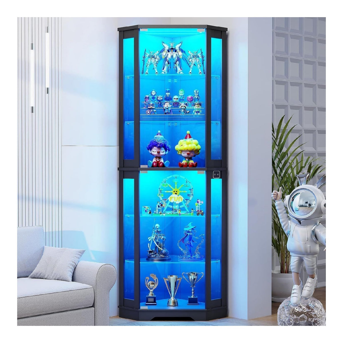 180 cm hohe Eckvitrine mit LED-Beleuchtung und Glasboeden( ) 6-stoeckige Vitrine mit Glastueren Schwarz Bewegungssensor Ausstellungsvitrine fuer