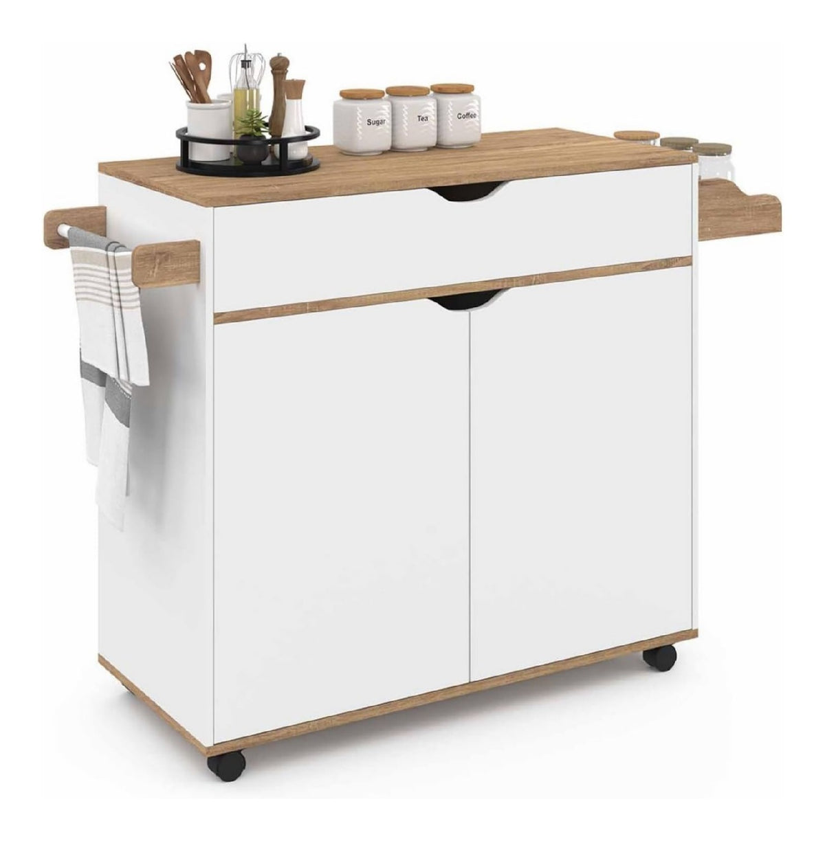 IDMarket - Kuechenschrank COSY XXL mit weisser Schublade und Buchenholzplatten B.90 CM Weiss