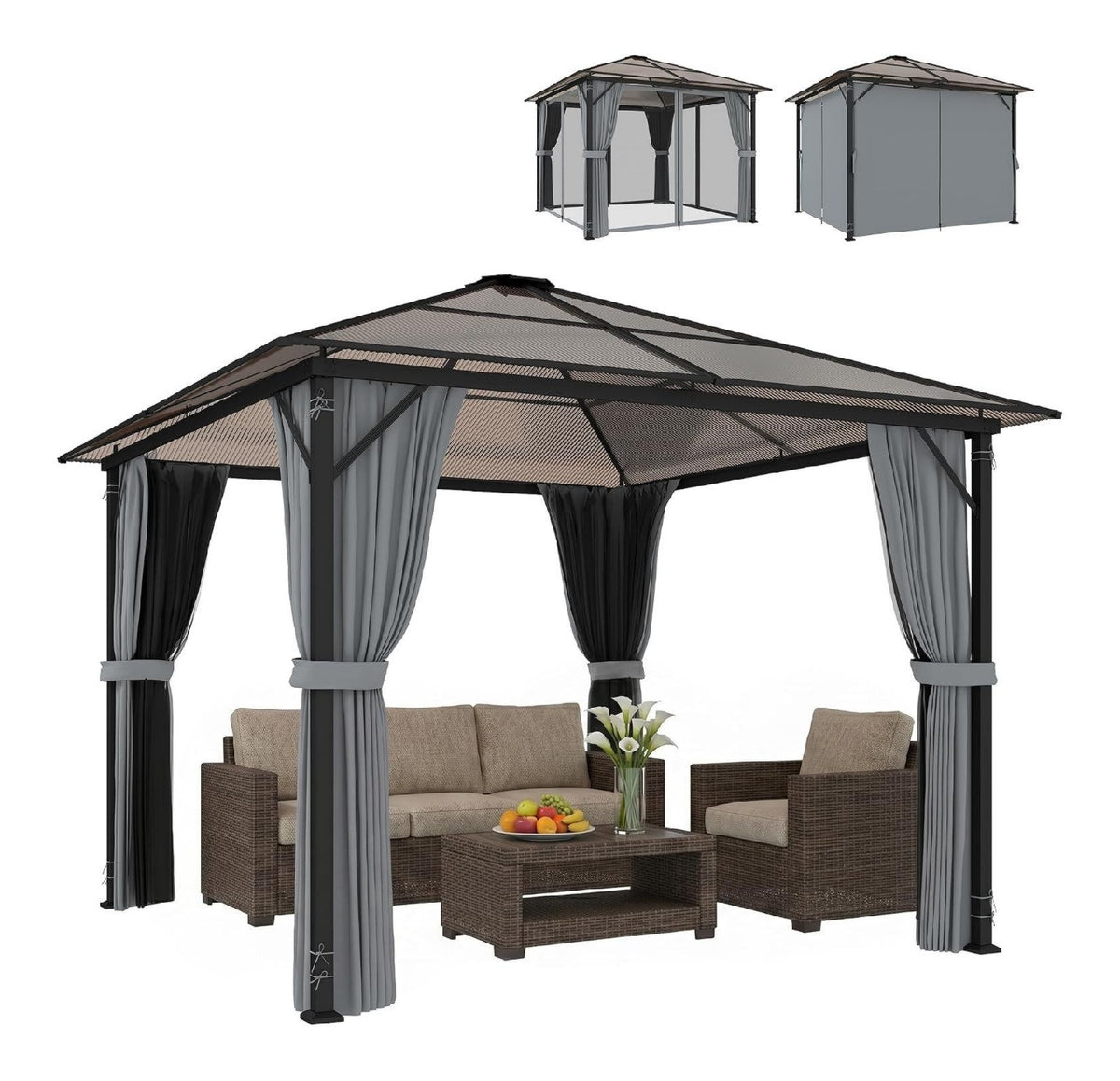 Gartenpavillon Aluminium Wasserabweisend Stabil Grau dunkelgrau 3 x 3 m Winterfest Hardtop