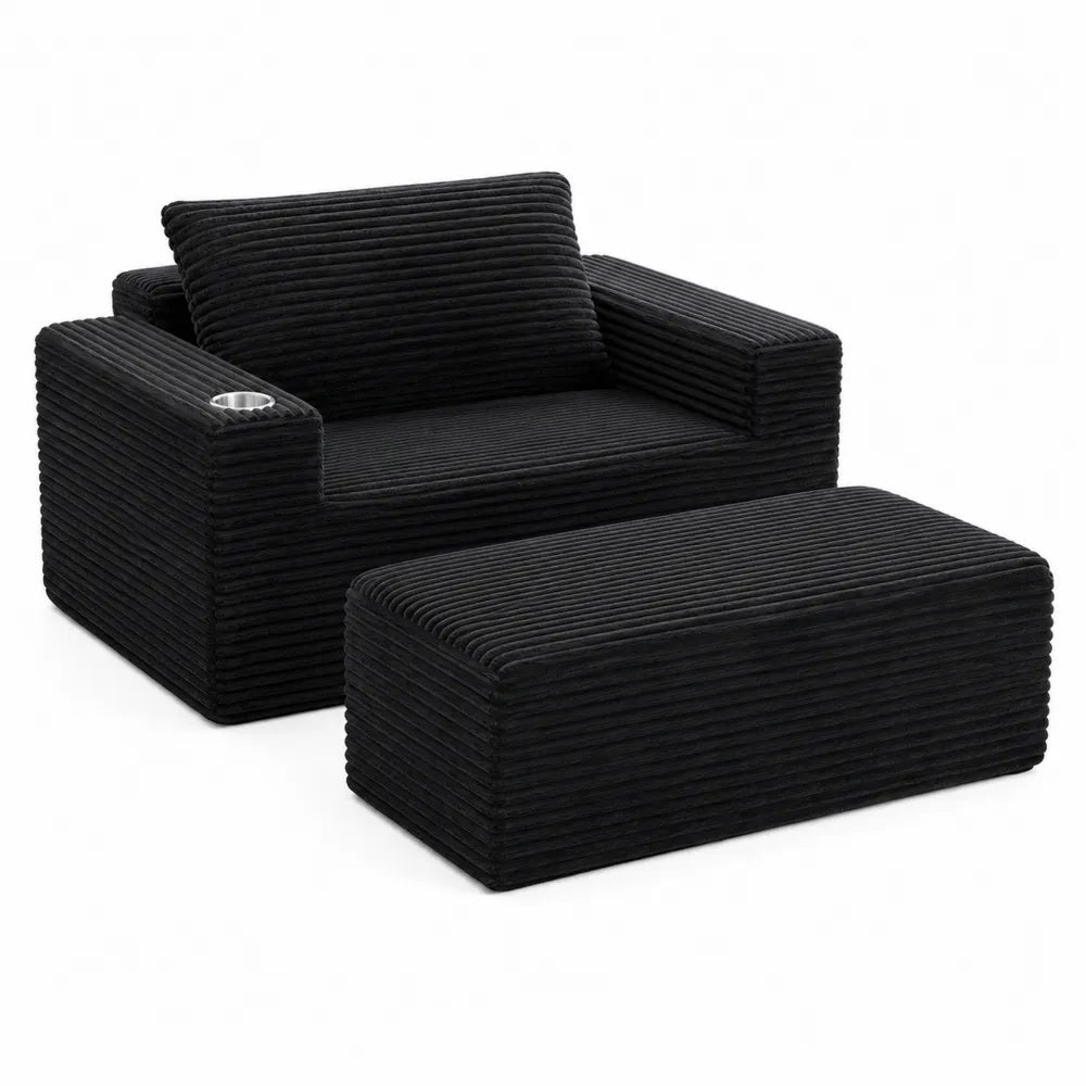 Schwarzes Cord-Sofa mit Hocker und Be