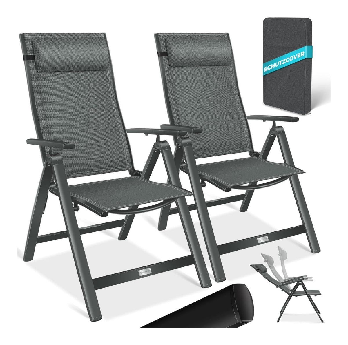 Gartenstuhl Hochlehner mit Armlehnen 2er Set Aluminium Klappstuhl mit Kopfkissen Abdeckung Campingstuhl 7-Fach Verstellbar Rueckenlehne Atmungsaktiv