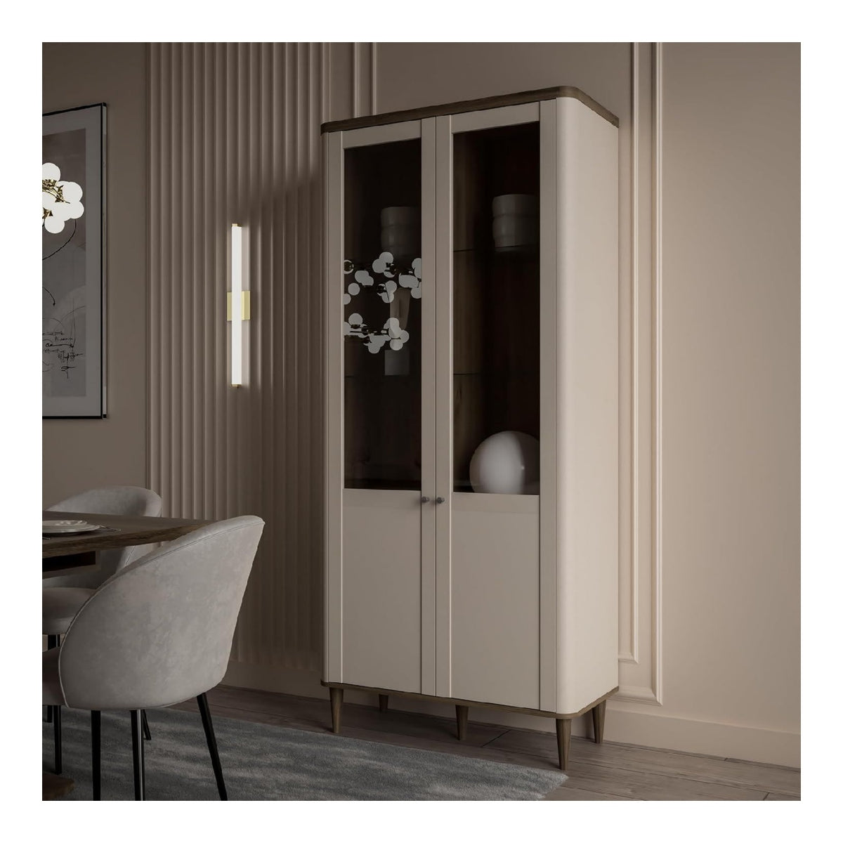 LACETTI Vitrine 90 Beige eiche Moderne Wohnzimmervitrine mit Skandi Lamellen Design 2-tuerig