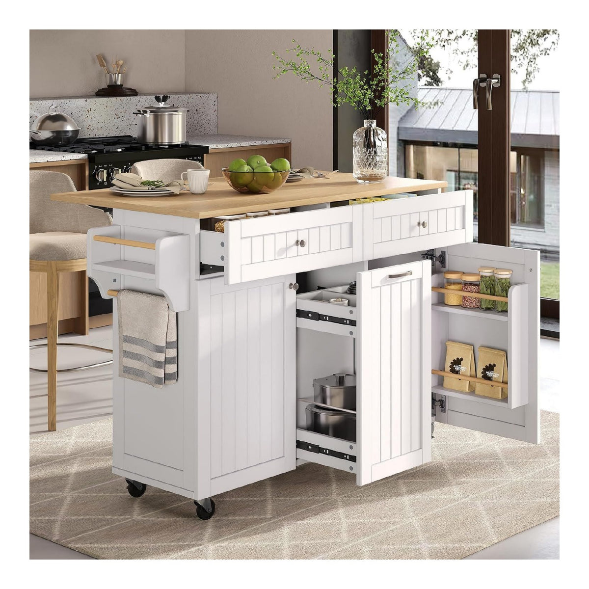 Kuechenschrank mit Klappbarer Arbeitsplatte Weiss Verstellbare Trennwand Kuechenwagen mit 5 Rollen