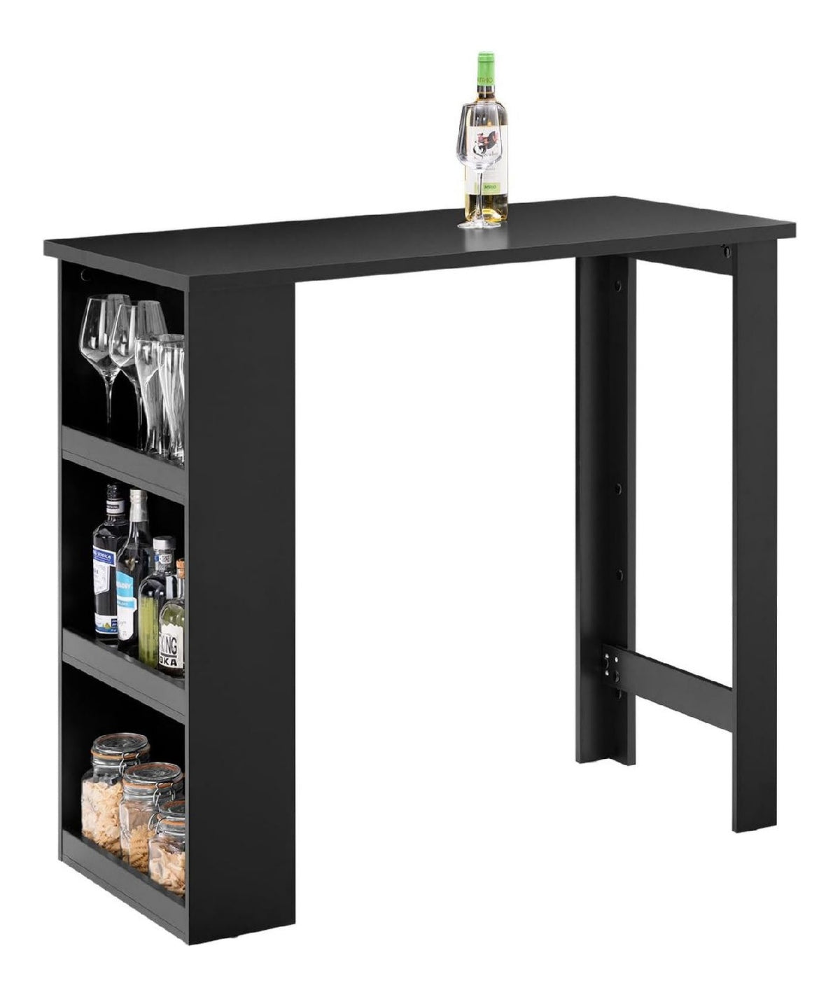 Kuechentheke Bartisch mit 3 Ablageflaechen Schwarz 112 x 106 x 57 cm Stehtisch fuer Kleine Raeume Hoher Tresentisch fuer Kueche
