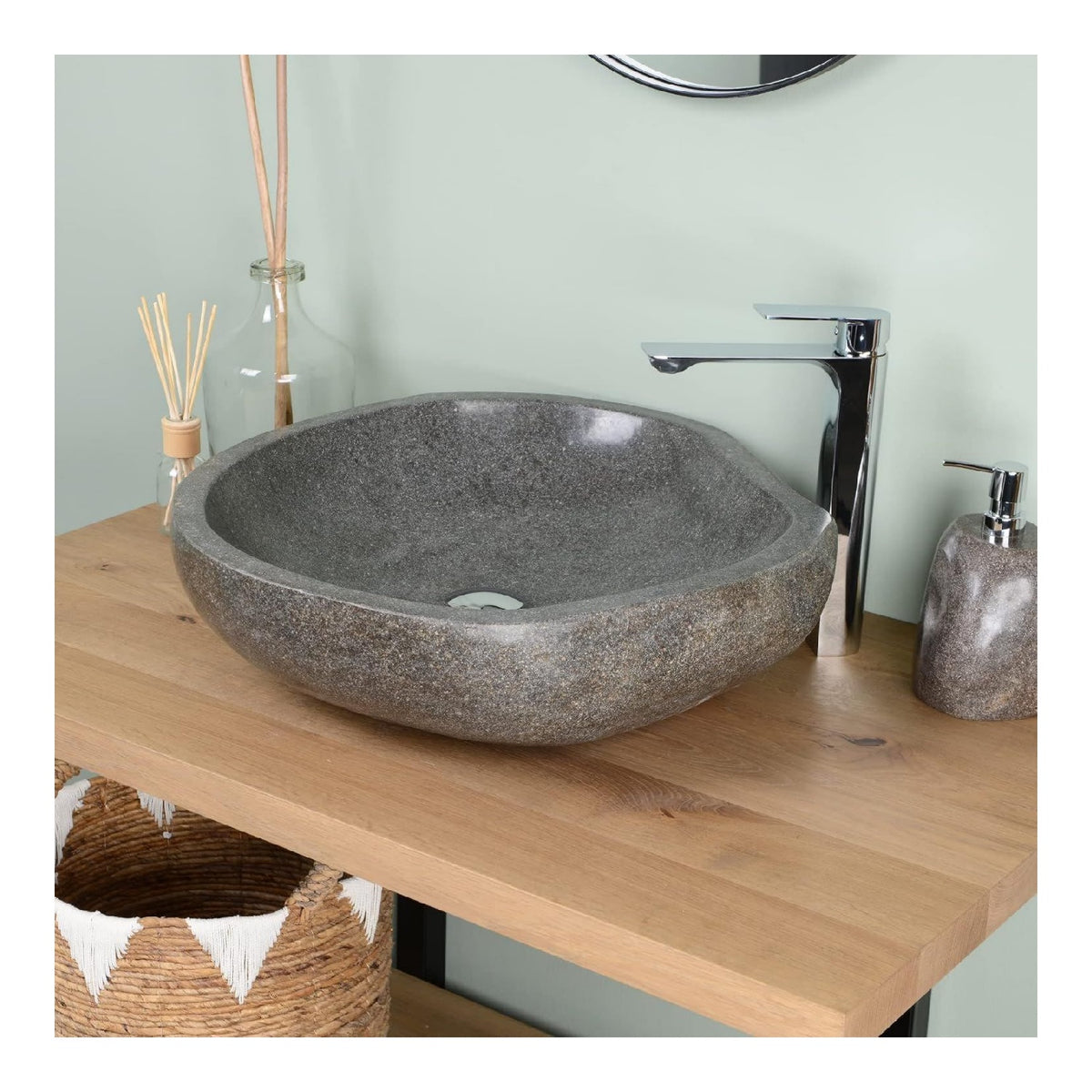 Naturstein Waschbecken 60 cm in aus indonesischen Flussstein - Mit Unikat Auswahl Blau grau
