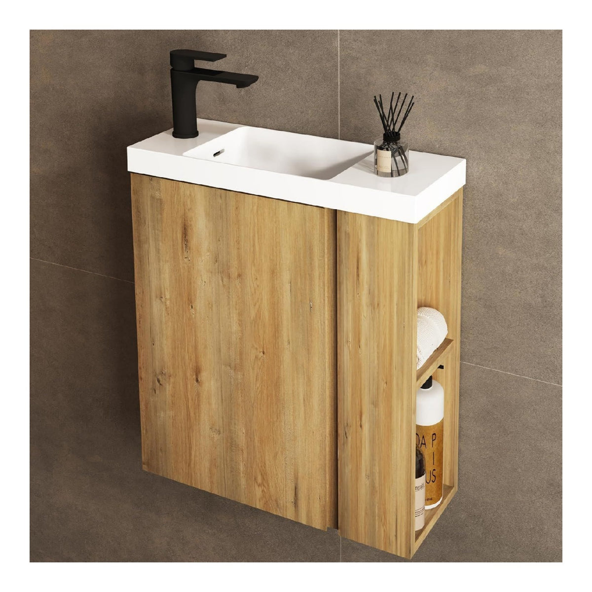 Waschbecken mit Unterschrank 55 cm - Badmoebel Set mit 2 Tier seitliche Ablagen aussen Haken natur eiche Vormontiert Waschbeckenunterschrank fuer