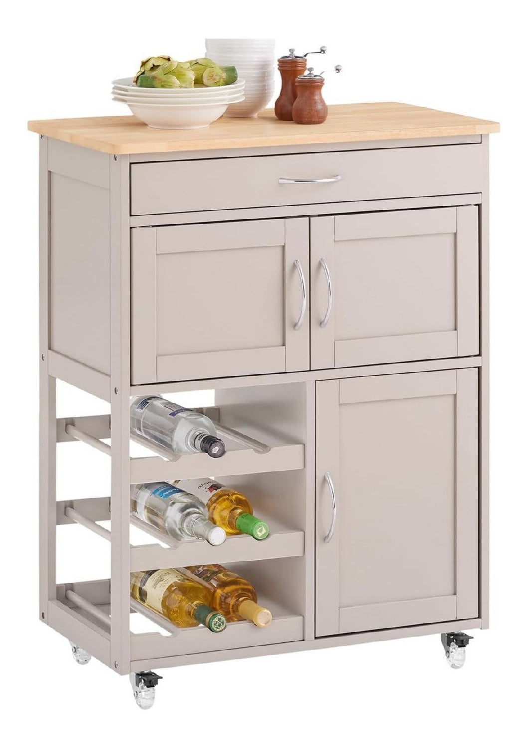 Servierwagen mit Rollen und Weinregal 67 86 38 cm kleine Kuechen Kuechenwagen mit Arbeitsplatte aus Kautschukholz und Schublade ideal als Kaffeewagen