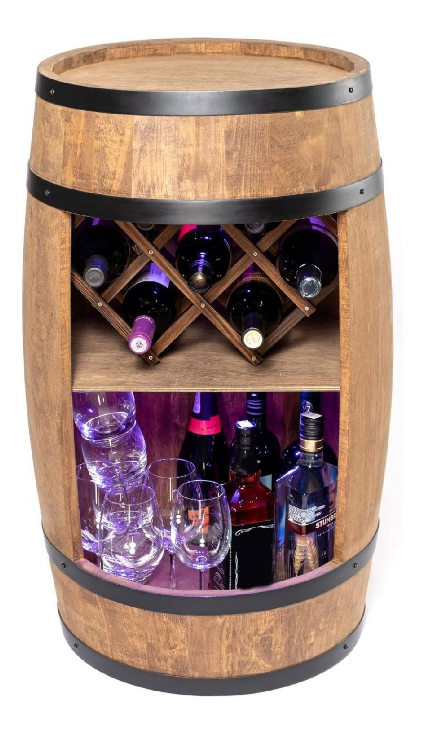 COOPER Fass bar mit Weinhalter - Weinregal LED RGB - Holzfass Hausbar - Rustikaler deko Barschrank Weinstaender Weinschrank ( ) Braun dunkelbraun