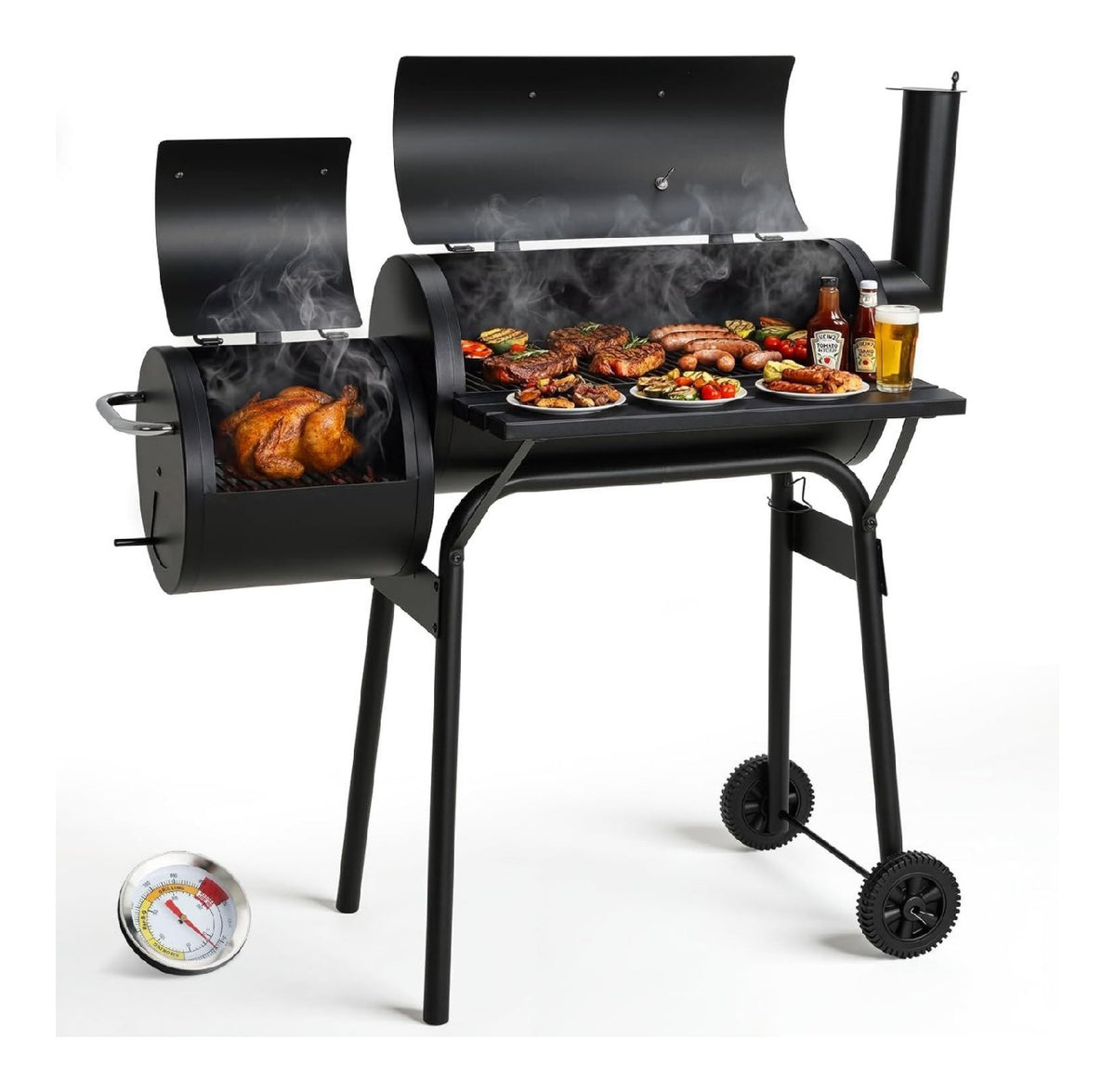 TLSUNNY Holzkohle Smoker Grill mit Schornstein Holzkohlegrill Grillwagen mit 2 Kammern Thermometer