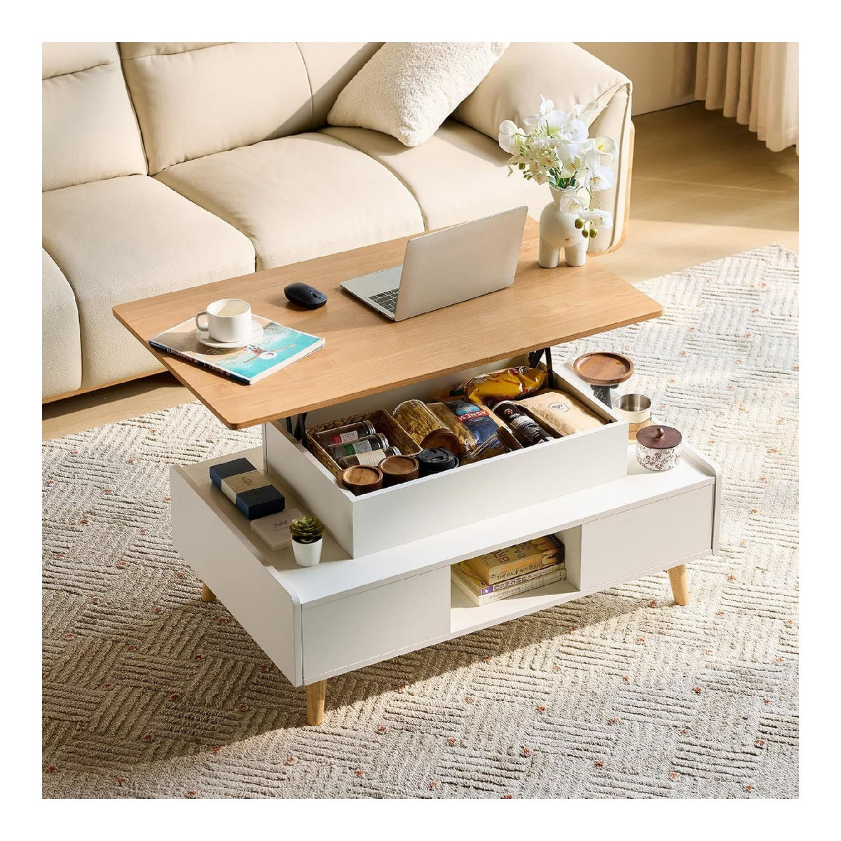 LINSY Couchtisch Hoehenverstellbar mit Stauraum Grau 60 x 100cm Hoehenverstellbarer Coffee Table Wohnzimmertisch mit 2 Grossem Schubladen