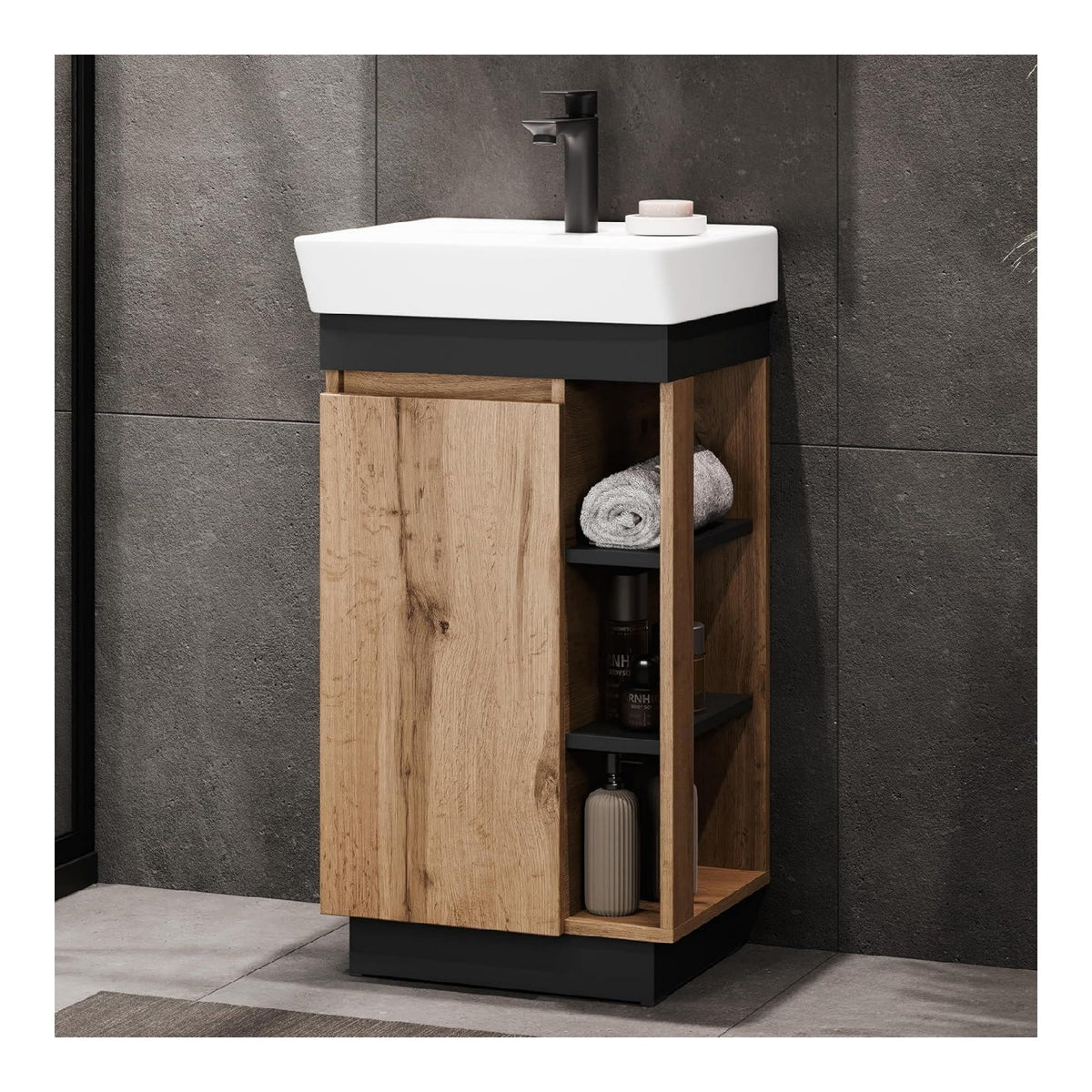 Nyx Badmoebel Waschtisch mit Unterschrank anthrazit eiche 50 x 85,9 x 42 cm Wotan/Badezimmermoebel fuer Gaeste-Bad