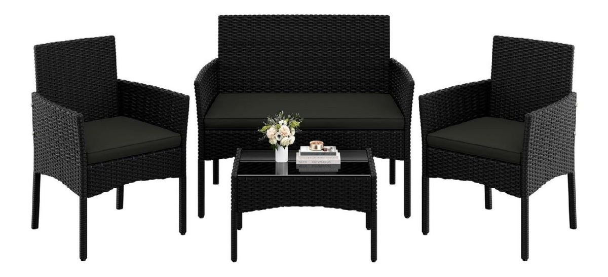 Yaheetech 4-er Gartenmoebel Set Balkonmoebel Set aus Terassenmoebel mit 2er Sofa Schwarz grau 2 Stuehle Tisch Sitzkissen fuer Aussen