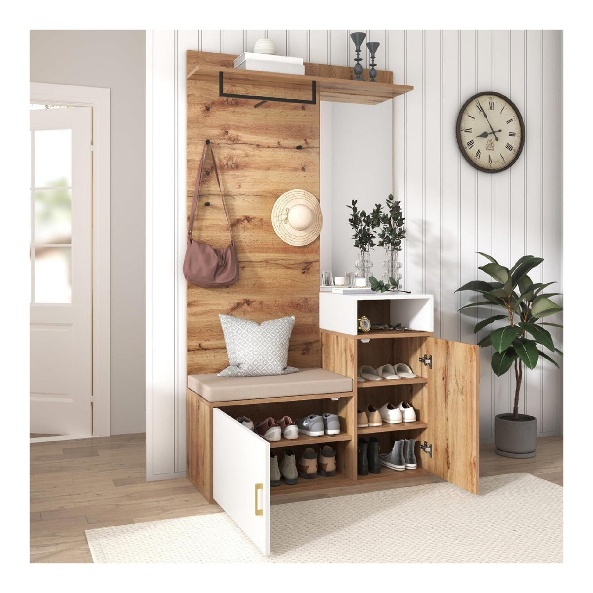 Garderobenset mit Sitzbank und Spiegel Weiss 104x38.5x190 cm Flurgarderobe Set mit Schuhschrank und Verstellbare Einlegeboeden Wandgarderoben Set mit