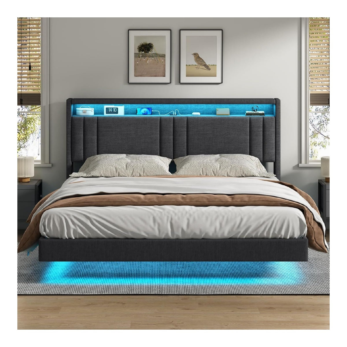 Polsterbett Grau 160x200 cm Schwebebett Bettrahmen mit LED-Beleuchtung