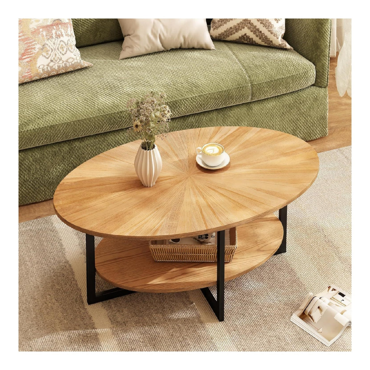 PADMA HOUSE Couchtisch Oval mit Tablett Grau holz 110 66 Modern wohnzimmertisch mit Kreuz Metall Beine Kaffeetisch fuer Wohnzimmer Schlafzimmer