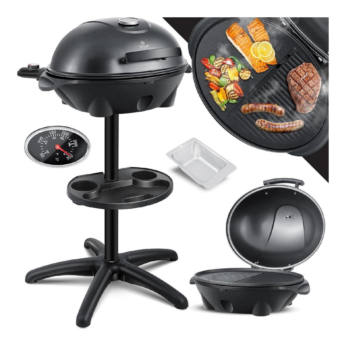 Elektrischer Elektrogrill 2in1 Tischgrill - Standgrill mit Deckel Standfuss max. 2400 Watt Thermometer Antihaftbeschichtung XXL Grillplatte