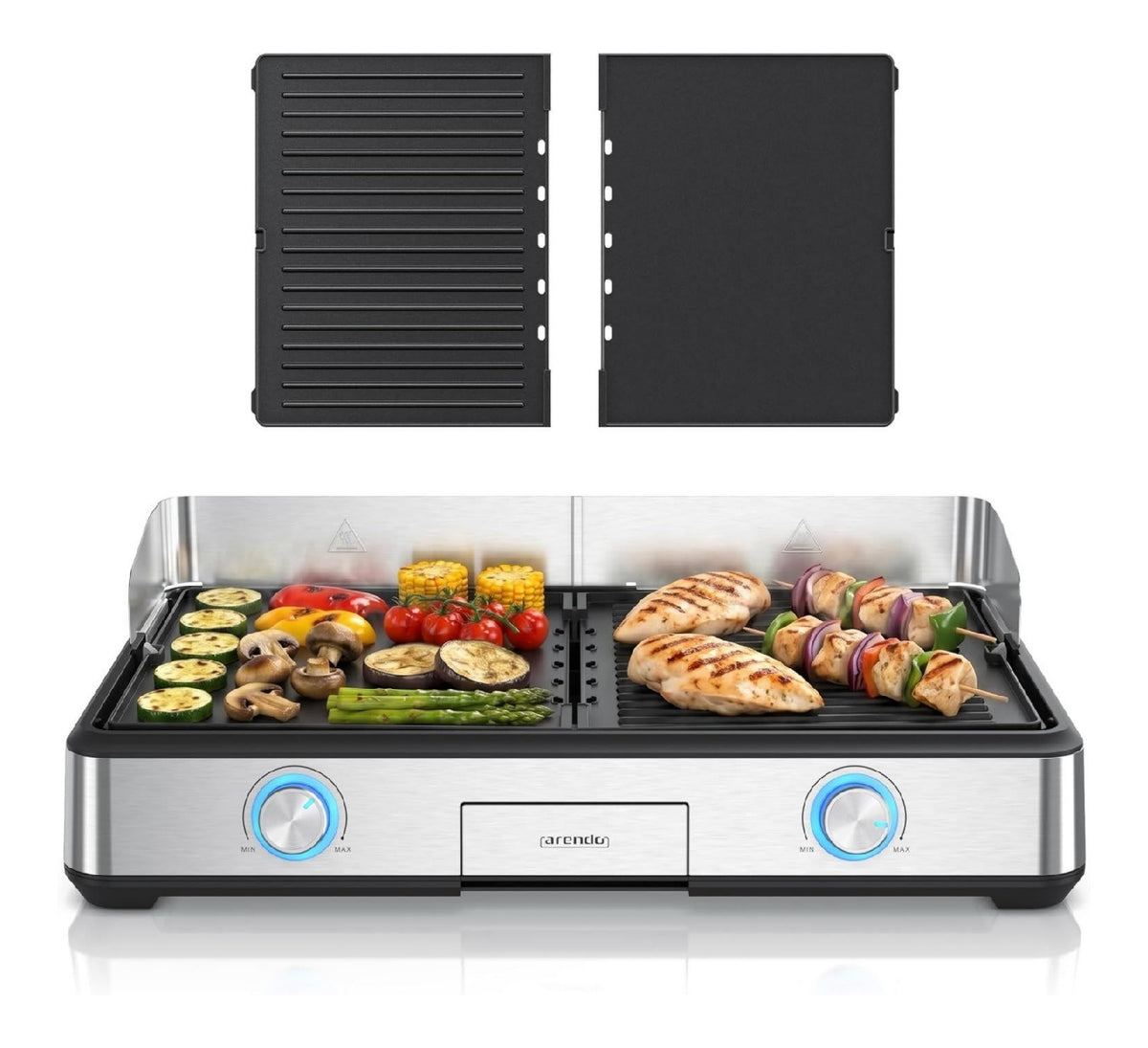 Arendo - Tischgrill elektrisch mit 2 Grillzonen - Electric grill 2 Thermostate - Elektrogrill Leistung Antihaft-Beschichtung Spritzschutz Fuer Balkon