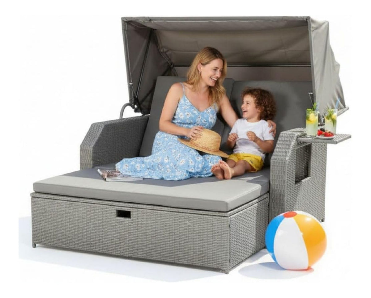 Mucola Strandkorb Sonnenbett mit Dach wetterfest verstellbare Rueckenlehne Grau polyrattan klappbare Seitentische bequeme Kissen