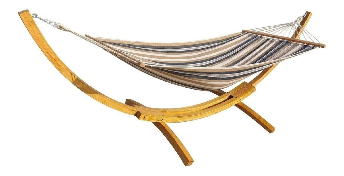 Haengematte mit Gestell aus Lagarde Haengematte Metallteile aus Braun edelstahl 320x120cm Laerchenholz naturfarben geoelt Baumwollmatte