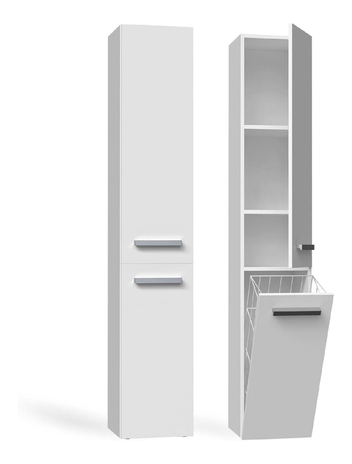 Badezimmerschrank Badschrank Schmal Hoch Weiss 30x31x170 cm mit 1 Waeschekorb Breite 31 cm Badezimmermoebel Aufbewahrungsschrank fuer kleine Raeume