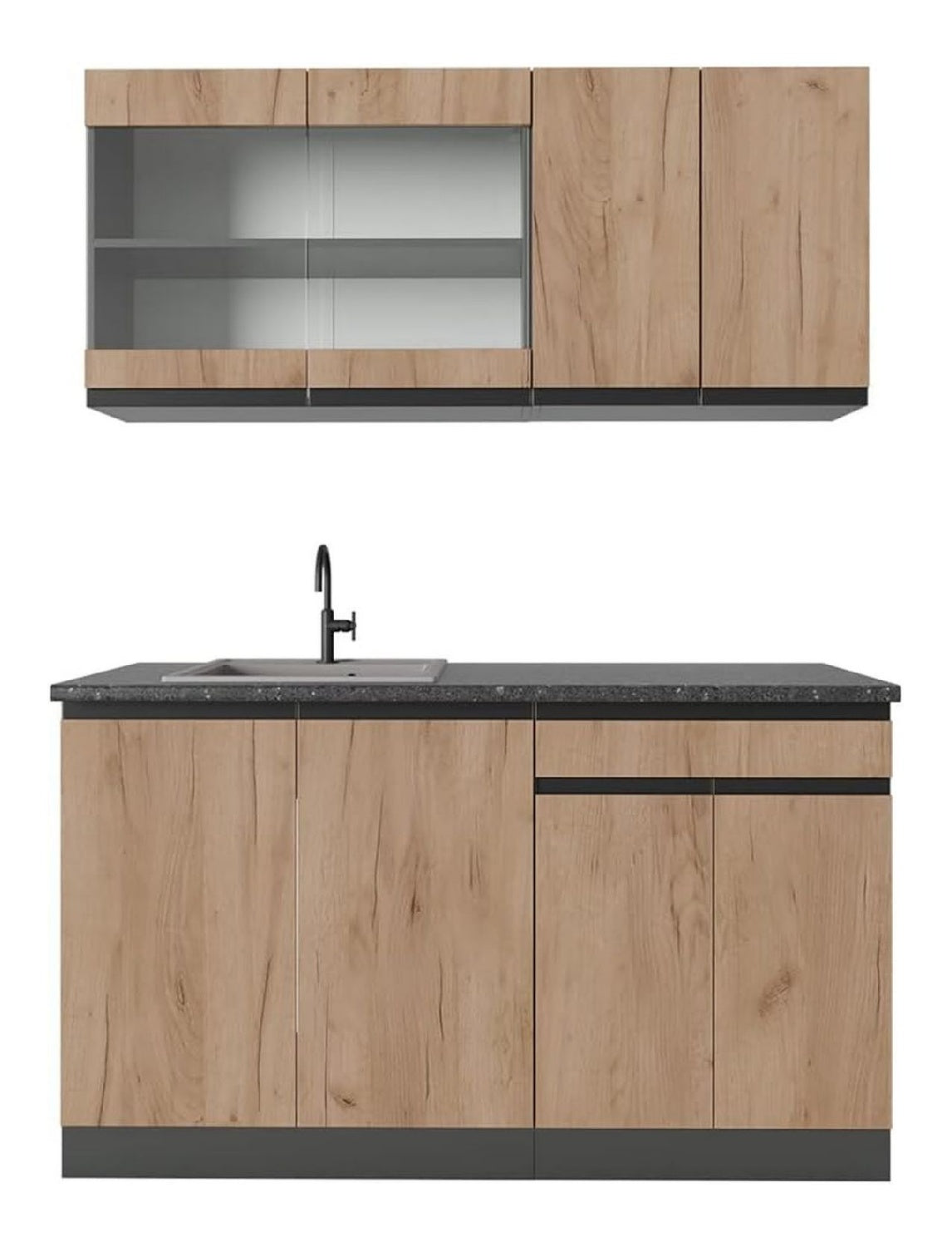 Singlekueche Gold anthrazit Goldkraft/140 cm 4 Module Hoehenverstellbare Fuesse Ohne Arbeitsplatte Robuste Fronten Mit Glasschrank Frei kombinierbar