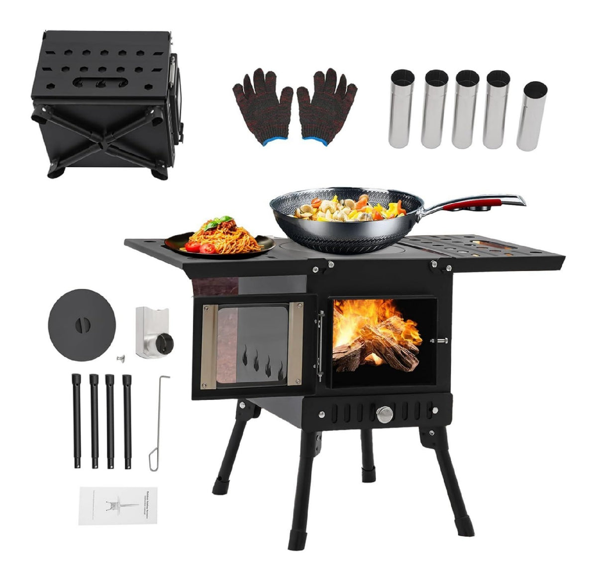 Klappbarer Camping Holzofen Zeltofen Outdoor-Kuechenofen mit Schornstein Camping Feuerstelle Terrassenofen