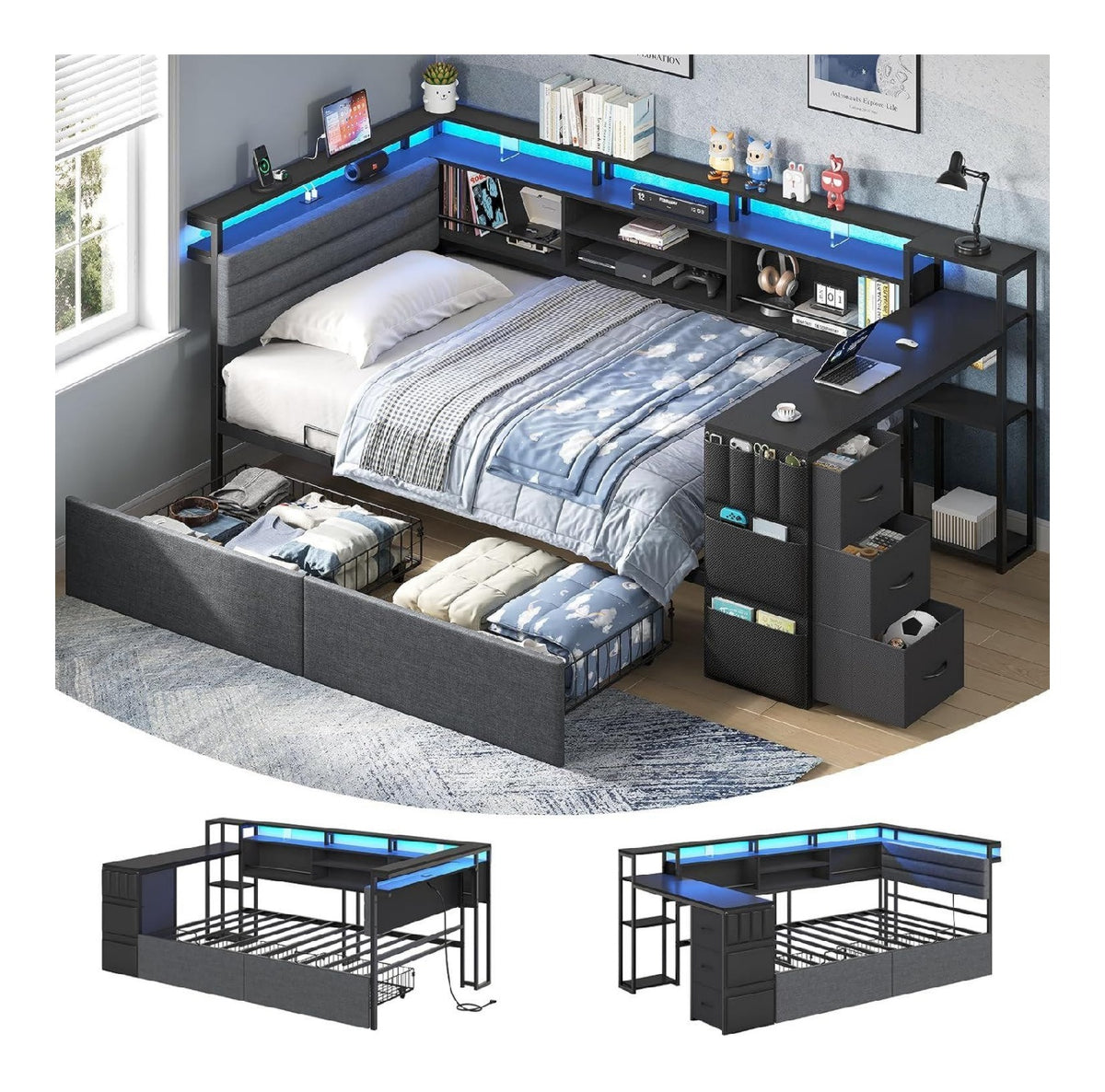Jugendbett mit LED-Beleuchtung und Ladestation Polsterbett mit integriertem Schreibtisch Tagesbett mit gepolstertem Kopfteil Daybed Offene Faecher