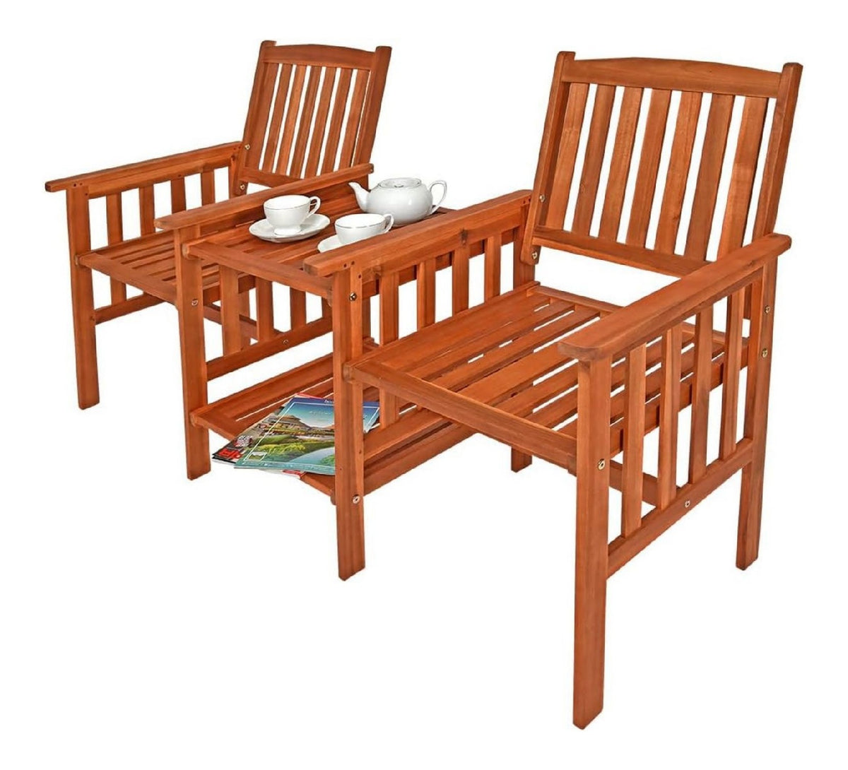 Gartenbank Wetterfest mit Tisch 2 Sitzer Holzbank 320kg Belastbar Akazie Outdoor Balkon Bank Massiv Sitzbank Garten Armlehnen Braun natur 164x63cm