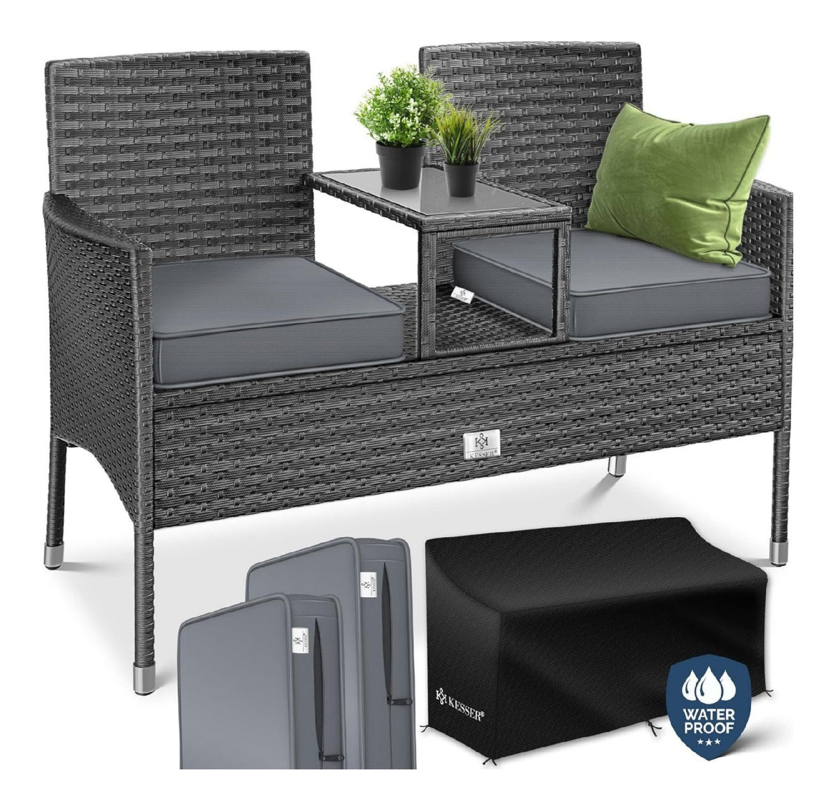 Gartenbank 2-Sitzer mit integriertem Tisch anthrazit polyrattan