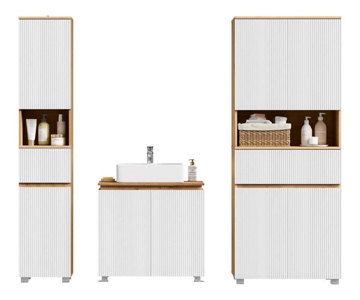 EUGAD Badmoebel Komplettset Weiss 176.5 cm + Braune Holzoptik