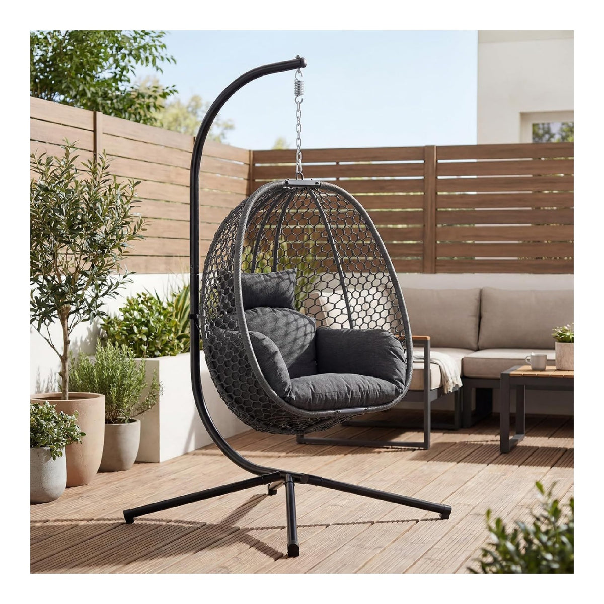 Ya Haengesessel Outdoor mit Gestell Bequemer Haengeschaukel Haengekorb Sessel mit Kissen Auflagepolster fuer Outdoor und Indoor Grau Balkon